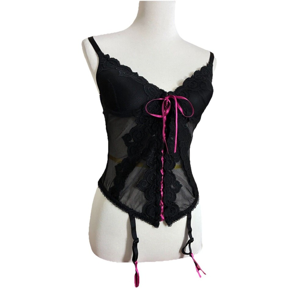 Vintage Black Lace Sheer Corset Bustier Top Bottom Garter Clips Stockings